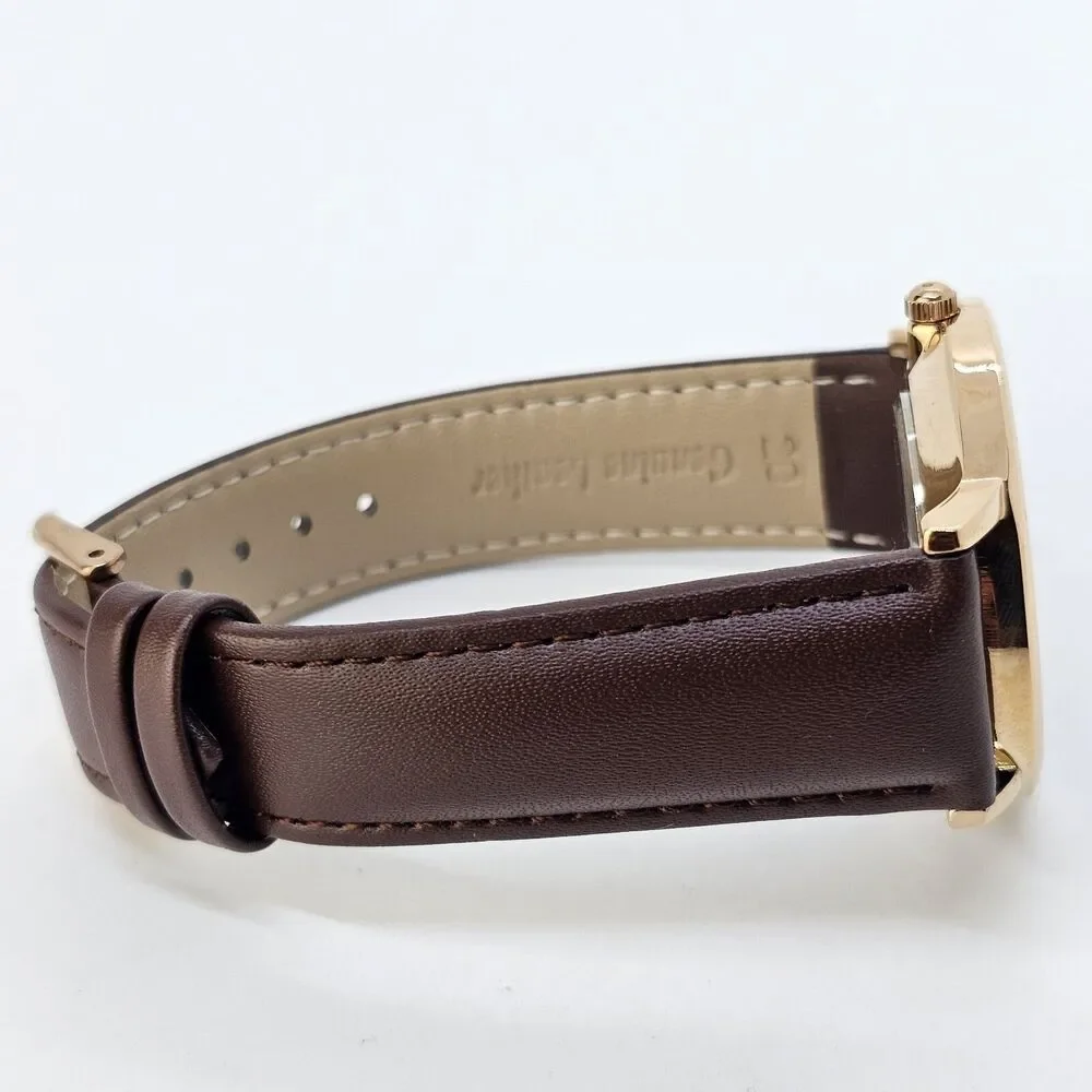 Men's Watch 40MM Gold Case Blue Dial Brown Leather Band‎ Straps Date Indicator